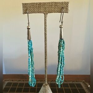 Long Turquoise Seed Bead Earrings, Native, Indigenous, Southwestern, Boho